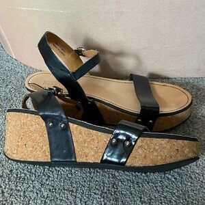 Kenneth Cole Reaction Cork Wedge Black Ankle Strap Open Toe Sandals 11